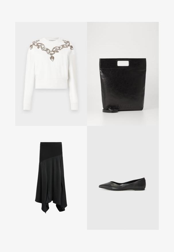 White cropped sweatshirt with long sleeves, featuring a chain and heart pattern in metallic thread along the neckline and shoulders.; Black asymmetrical skirt with a smooth texture, featuring a wide elastic waistband and side slits for added movement and flow.; Black leather ballet flat with a pointed toe, low heel, and smooth texture. Minimal design with a subtle side accent.; Black leather tote bag with a square handle, featuring a textured finish and embossed logo. Includes a detachable strap.