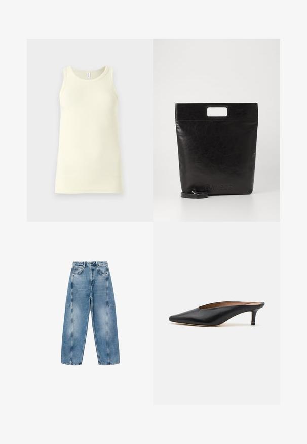 White cropped sweatshirt with long sleeves, featuring a chain and heart pattern in metallic thread along the neckline and shoulders.; Light yellow cotton tank top with a ribbed texture, round neckline, and wide shoulder straps. Hangs straight with no embellishments.; Light blue denim jeans feature a relaxed fit, large pockets, and contrasting stitching. The fabric has a faded finish with a smooth texture.; Black leather mules with a pointed toe and low, block heel. Smooth texture with a sleek design. Open back with minimal detailing.; Black leather tote bag with a square handle, featuring a textured finish and embossed logo. Includes a detachable strap.