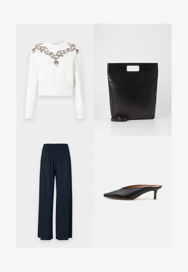Witte cropped sweatshirt met lange mouwen, voorzien van een ketting- en hartpatroon in metallic draad langs de halslijn en schouders.; Marine blauwe geplooide wijde broek met een elastische tailleband. Kenmerkt zich door verticale strepen en een zachte textuur voor comfort. Geen zakken.; Zwarte leren muiltjes met een puntige neus en een lage, blokhak. Glad oppervlak met een gestroomlijnd ontwerp. Open achterkant met minimale details.; Zwarte leren draagtas met een vierkant handvat, met een gestructureerde afwerking en een reliëflogo. Inclusief een afneembare schouderband.