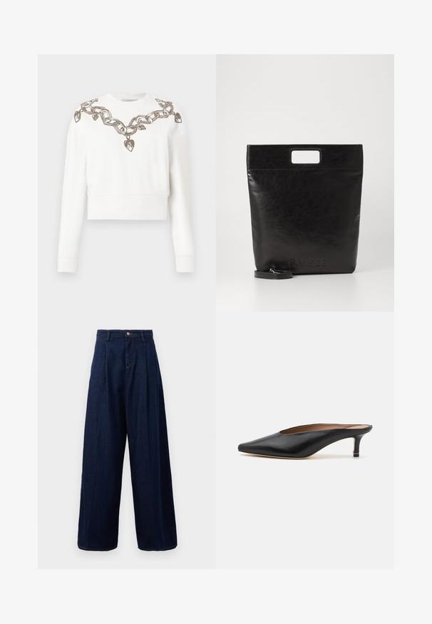 Witte cropped sweatshirt met lange mouwen, voorzien van een ketting- en hartpatroon in metallic draad langs de halslijn en schouders.; Donkerblauwe denim wijde pijpen broek met een hoge taille, geplooide voorkant en klassieke knoopsluiting, voorzien van zijzakken en contrasterende stiksels.; Zwarte leren muiltjes met een puntige neus en een lage, blokhak. Glad oppervlak met een gestroomlijnd ontwerp. Open achterkant met minimale details.; Zwarte leren draagtas met een vierkant handvat, met een gestructureerde afwerking en een reliëflogo. Inclusief een afneembare schouderband.