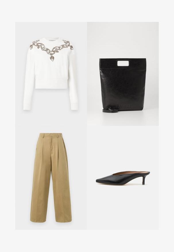 Witte cropped sweatshirt met lange mouwen, voorzien van een ketting- en hartpatroon in metallic draad langs de halslijn en schouders.; Khaki wijde broeken gemaakt van een katoenmix, met een platte voorkant met plooien, een knoopsluiting en een gladde afwerking.; Zwarte leren muiltjes met een puntige neus en een lage, blokhak. Glad oppervlak met een gestroomlijnd ontwerp. Open achterkant met minimale details.; Zwarte leren draagtas met een vierkant handvat, met een gestructureerde afwerking en een reliëflogo. Inclusief een afneembare schouderband.