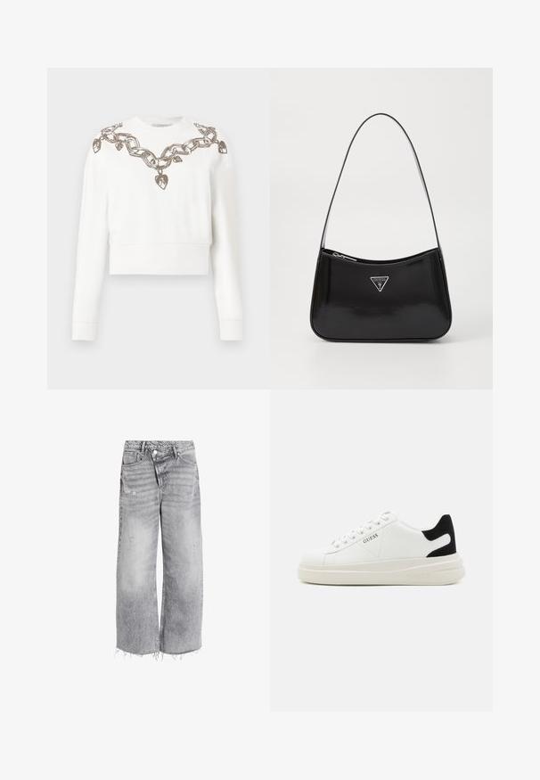 Hvit cropped sweatshirt med lange ermer, med et kjede- og hjerte mønster i metalltråd langs halsen og skuldrene.; Høyt livde vide benjeans i lysegrå denim, med slitte detaljer og rå kant. To frontlommer og knappelukking.; Hvite lær sneakers med tykk hvit såle, svart semsket hælforsterkning og preget logo på siden. Snøresystem med seks hull.; Svart patentlærveske med en buet form, med et sølvfarget triangel-logo og glidelås. Glatt tekstur og slank stropp.