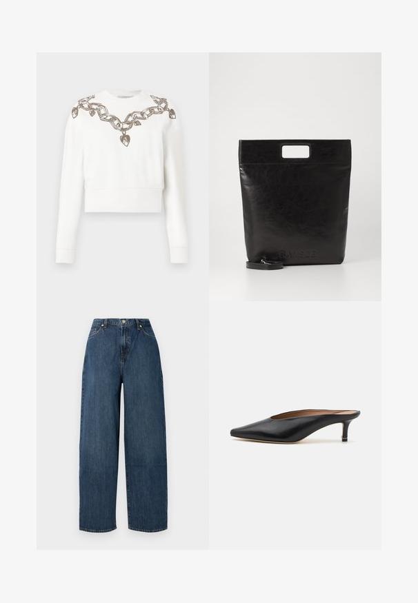 White cropped sweatshirt with long sleeves, featuring a chain and heart pattern in metallic thread along the neckline and shoulders.; Wide-leg denim jeans in dark blue. Made of sturdy cotton with a smooth texture. Features a button closure and classic five-pocket design.; Black leather mules with a pointed toe and low, block heel. Smooth texture with a sleek design. Open back with minimal detailing.; Black leather tote bag with a square handle, featuring a textured finish and embossed logo. Includes a detachable strap.