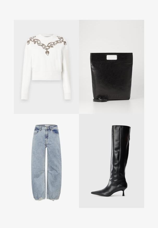 Balta īsā kapucīna džemperis ar garām piedurknēm, kura kakla un plecu zonā ir metālisks ķēdes un sirds raksts.; Gaiši zili džinsi ar brīvu piegriezumu, ar saplēstiem galiem un krustsūtu detaļām, kas piešķir papildu tekstūru un dizaina interesi.; Melnas ādas ceļgala augstuma zābaki ar norādītu purngalu un plānu izliekumu papēdi. Gluda tekstūra, pieguļošs dizains un bez redzamām detaļām vai rakstiem.; Melna ādas tote soma ar kvadrātveida rokturi, ar teksturētu apdari un iespiestu logo. Ietver noņemamu siksnu.