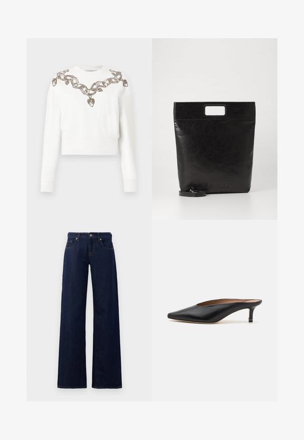 White cropped sweatshirt with long sleeves, featuring a chain and heart pattern in metallic thread along the neckline and shoulders.; Wide-leg jeans in dark blue denim, featuring standard five-pocket design, copper stitching, and a button closure at the waistband.; Black leather mules with a pointed toe and low, block heel. Smooth texture with a sleek design. Open back with minimal detailing.; Black leather tote bag with a square handle, featuring a textured finish and embossed logo. Includes a detachable strap.