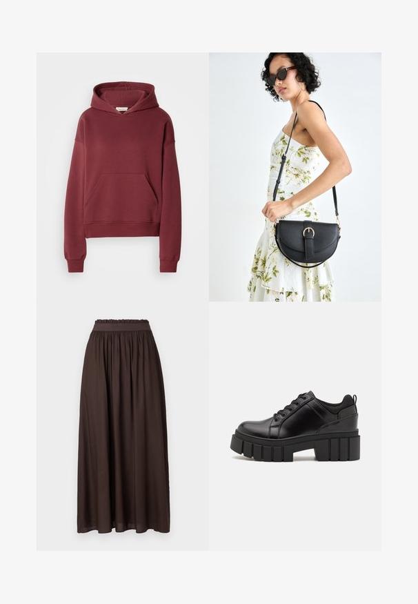 Burgunderfarbener Hoodie aus weichem Baumwollmischgewebe, mit einer Vordertasche, gerippten Bündchen und einer Kapuze mit Zugband. Glatte Textur, lockere Passform.; Brauner, knöchellanger Rock aus glattem Stoff. Elastischer Bund mit geraffter Textur, bietet eine bequeme Passform. Einfaches Design, ohne Muster.; Schwarze Lederplateauschuhe mit klobigem Blockabsatz, runder Zehenpartie und traditionellem Schnürdesign. Verfügt über eine glatte Textur und minimale Details.; Schwarze Lederhandtasche mit geschwungener Form, abnehmbarem Tragegurt und goldenen Beschlägen. Die Tasche verfügt über einen Deckel mit einer Schnallen-Details.
