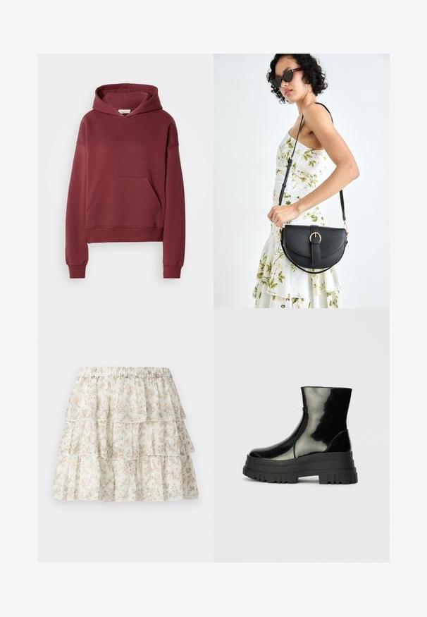 Bordo spalvos džemperis, pagamintas iš minkšto medvilnės mišinio, su priekinėmis kišenėmis, gumbinėmis rankovėmis ir reguliuojamu gobtuvu. Lygus paviršius, atsipalaidavęs fasonas.; Balta sijona su sluoksniuota, raukšlėta dizainu. Puošia subtilus rožinis ir žalias gėlių raštas. Elastinga juosmens juosta komfortui.; Juodas blizgus kulkšninis botas su storu iškilniu padu ir apvaliu pirštu, šoninis vaizdas ant vientiso šviesiai pilko fono.; Juodas odinis krepšys su išlenkta forma, nuimamu dirželiu ir auksiniais detalėmis. Krepšys turi kilpą su sagtimi.