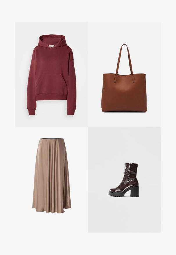 Burgundy kapucnis pulóver puha pamut keverékből, elülső zsebből, bordázott mandzsettákból és húzózsinóros kapucniból áll. Simább textúra, laza szabás.; Hosszú A-vonalú szoknya sima, fényes anyagból, világos bézs színben. Rugalmas derékrésszel és lágyan hullámzó fazonnal rendelkezik.; Fényes bordó bokacsizma vastag fekete sarokkal, sima felülettel és egyszerű dizájnnal. Nincsenek látható zárak vagy minták.; Barna bőr vászontáska sima textúrával, nyitott tetejű dizájnnal és két vállpánttal. Minimális varrással és látható hardver nélkül készült.