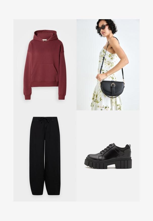 Bordo spalvos džemperis, pagamintas iš minkšto medvilnės mišinio, su priekinėmis kišenėmis, gumbinėmis rankovėmis ir reguliuojamu gobtuvu. Lygus paviršius, atsipalaidavęs fasonas.; BDG Urban Outfitters CARTER COCOON PANT - Kelnės - black; Juodi odiniai platformos batai su masyviu blokuota kulniuku, apvalia nosimi ir tradiciniu šnypštimo dizainu. Turintys glotnų paviršių ir minimalų dekoravimą.; Juodas odinis krepšys su išlenkta forma, nuimamu dirželiu ir auksiniais detalėmis. Krepšys turi kilpą su sagtimi.