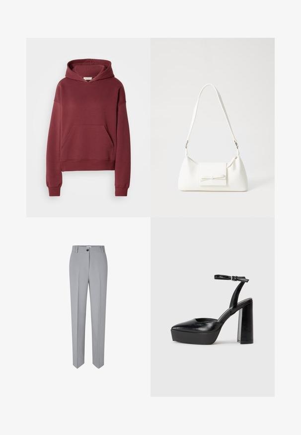 Burgundy hoodie i mjuk bomullsblandning med en frontficka, ribbade mudd kanter och huva med dragsko. Slät yta, avslappnad passform.; Grå skräddarsydda byxor med rak passform, tillverkade av ett mjukt tyg. Har en knäppning fram och två framfickor.; Svarta plattformsskor med spetsig tå och justerbart vristband. Tillverkade av mjukt läder, med en kraftig blockklack.; Vit syntetisk handväska med triangulär form, platt framklaff och rosettdetalj, justerbar rem, slät textur och minimalistisk design.