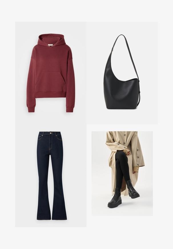 Burgundijas kapuce, izgatavota no mīksta kokvilnas maisījuma, ar priekšējo kabatu, ribinātām aprocēm un kapuci ar aukliņu. Gluda tekstūra, brīvs piegriezums.; Tumši zili denima platākās džinsi ar augstu jostasvietu, ar zeltainām šuvēm, priekšējām kabatām un metāla pogas aizdari.; Melnas ādas potītes zābaki ar auklīšu detaļām, paaugstināta platformas zole, un tekstūras melnas legingas, valkātas ar gaiši beidžu trenču mēteļa.; Melnas ādas hobo soma ar gludu tekstūru, izliekta forma un vienu regulējamu jostu; augšā ir plaša atvere.