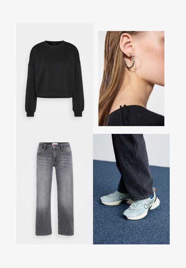 Must have pikad varrukad lühikesed dressid, ümar kaelus ning soonikust mansetid ja äär, halli tausta peal.; Halli teksad otste kujundusega, viie taskuga stiil, kerge pleekimisega ja nööpkinnipeaga vöökoht.; Heled sinise võrgu struktuuriga Nike jooksujalatseid, millel on must Swoosh ja kreemjas keskosa, kombineerituna tumedates hallides laia säärega pükstega.; Hõbedane rõngas kõrvarõngas poleeritud viimistlusega, millel on väikesed kuldsed aktsendid ja ümmargune kuju, kantud lobus.