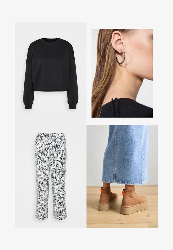 Črna dolga majica s kratkimi rokavi, z krožnim izrezom in rebrastimi manšetami ter robom na enem preprostem svetlo sivi ozadju.; Mehki, lahki hlače v beli barvi z mornarsko modrim abstraktnim vzorcem. Imajo elastičen pas z vezalko za prilagodljivo prileganje.; Rjave suede platform čizme z elastičnimi stranskimi paneli in oranžnimi zankami, v kombinaciji s svetlobno denim krilom do kolen na lesenem tleh.; Srebrna obročasta uhana s polirano površino, ki vključuje majhne zlate poudarke in okroglo obliko, nošena na ušesnem lobu.