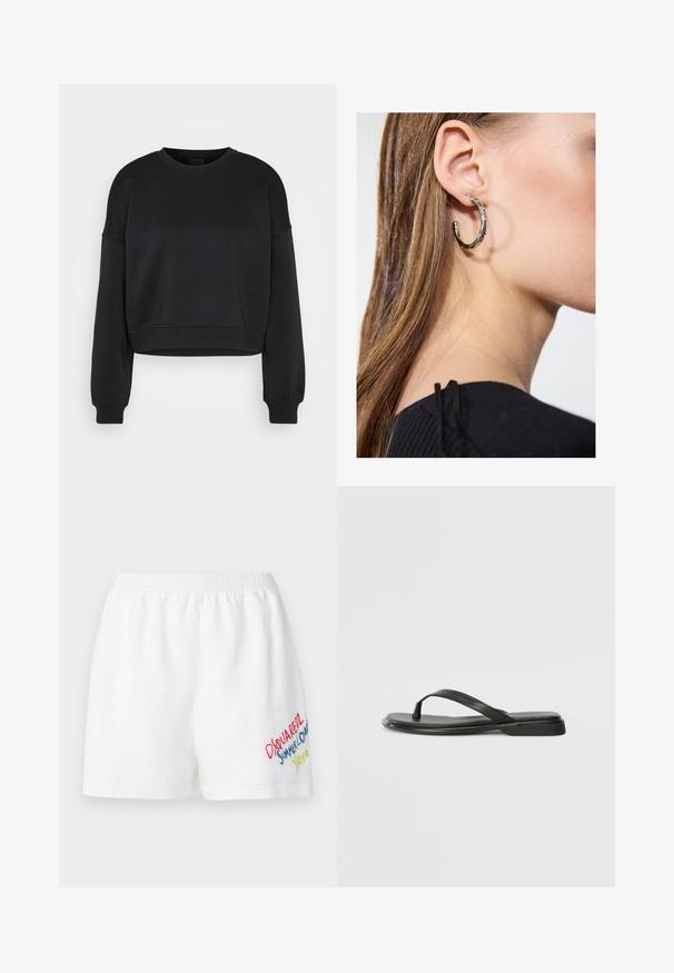 Melna garām piedurknēm cropped sporta krekls ar apaļu kakla izgriezumu un ribotām piedurknēm un apmalēm uz vienkāršas gaiši pelēkas fona.; Dsquared2 BAGGY - Šorti - white; Melni flip-flopi, kas izgatavoti no gludas ādas, ar plānu siksniņu dizainu un plakanu zoli ar minimālu profilu. Nav ievērojamu rakstu vai akcentu.; Sudraba auskars ar pulētu apdari, ar maziem zelta akcentiem un apaļu formu, uz ausu ļipiņas.