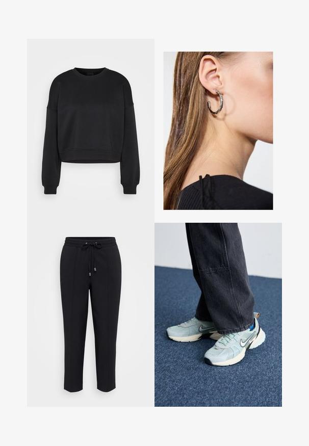 Sweat-shirt court à manches longues noir, avec col rond et bords ribés, sur un fond léger gris.; Pantalon de survêtement noir avec une taille élastiquée à cordon de serrage, coupe ajustée et deux coutures latérales. Tissu doux et lisse sans motifs ni embellissements visibles.; Baskets Nike en maille bleu clair avec une finition texturée, un swoosh noir et une semelle intermédiaire crème, associées à un pantalon large gris foncé.; Boucle d'oreille en argent avec une finition polie, présentant de petits détails en or et de forme ronde, portée sur le lobe.