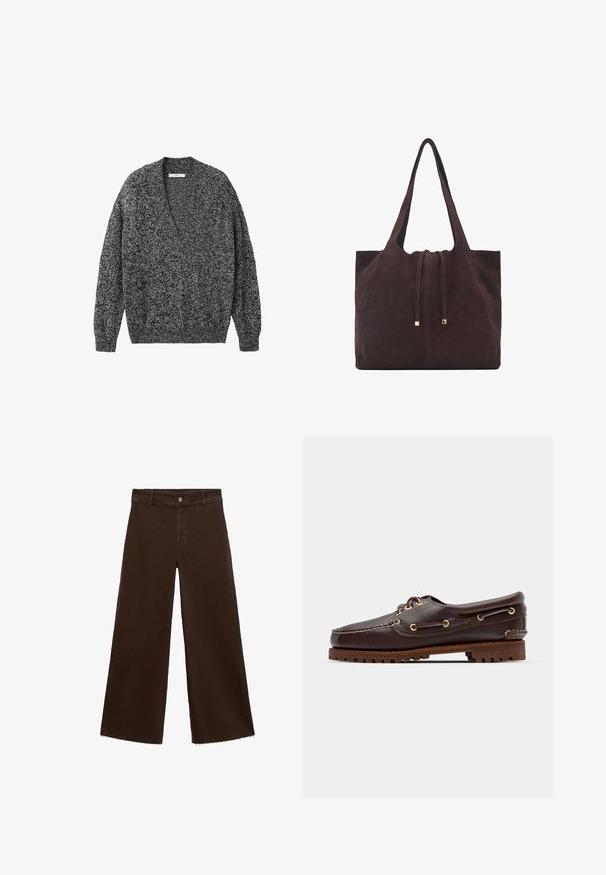 Genähter Pullover in Schwarz und grau gesprenkelt. V-Ausschnitt, lange Ärmel und gerippte Bündchen sowie Saum. Weiche Textur, lockere Passform.; Braune, weit geschnittene Hosen aus Baumwollmischung mit fransigem Saum, vorderem Knopfverschluss und klassischem Fünf-Taschen-Design. Minimalistisch und vielseitig.; Braune Lederbootsschuhe mit goldenen Ösen, runden Schnürsenkeln und einer strukturierten braunen Gummisohle. Verfügt über genähte Details und ein erhabenes Logo.; Mango Shopping Bag - dark brown