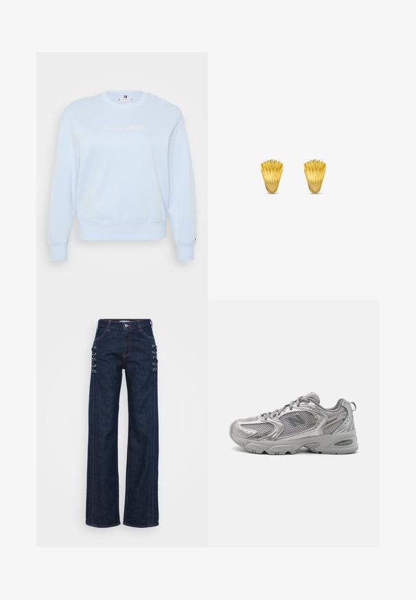 Tmavošedá mikina s skráteným strihom. Obsahuje slovo "LOVE" v smotanovej farbe a zvieracom vzore, so zúženými manžetami a okrúhlym výstrihom. Mäkká textúra.; Svetlomodrá mikina s okrúhlym výstrihom vyrobená z mäkkej tkaniny. Má vyšívané logo "Tommy Hilfiger" v bielej farbe, ribované manžety a lem.; Tmavomodré denimové nohavice so širokými nohavicami, ktoré majú čipkované akcenty na stranách, kontrastný oranžový šev a klasický dizajn s piatimi vreckami.; Strieborné športové tenisky s vrchnou časťou z odvetrávaného materiálu, ľahkým dizajnom, polstrovaným golierom a textúrovanou podrážkou so značkou "ABZORB".; Zlaté náušnice v tvare mušle s textúrovanými rýhami, zúžujúcim sa dizajnom a lesklým povrchom. Každá z nich má vycibrené, detailné akcenty.