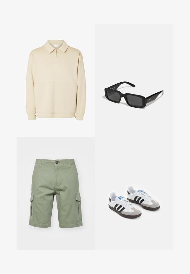 Sudadera pullover beige fabricada en tejido suave, con cuello con cremallera, collar y un corte relajado con un sencillo detalle de costura horizontal.; Pantalones cortos de carga verdes de algodón, con bolsillos laterales, cierre de botón y costuras cosidas. El diseño es recto con un acabado en el dobladillo.; Zapatillas deportivas con parte superior de piel blanca, puntera de ante gris y tres rayas negras. Presentan un logo azul en la lengüeta y una suela de goma texturizada.; Arnette THEKIDD UNISEX - Gafas de sol - black