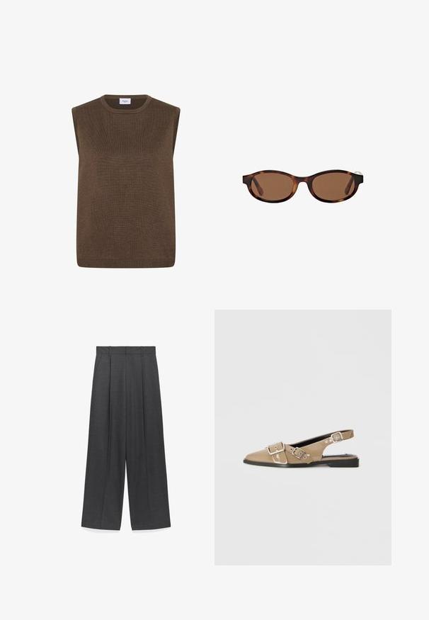 Bruine mouwloze gebreide sweatervest met ronde hals en geribbelde randen, gelabeld "Saint Tropez" aan de binnenkant van de kraag.; Bruine geruite button-up overhemdjas met twee voorzakken met knopen op de borst en een klein logo-opdracht op de rechterszak.; Wijd uitlopende broek in donkergrijs stof, met een zachte textuur, voorkeursplooien en een standaard tailleband met riemlussen.; Beige gepatineerde slingback schoenen met een spitse neus, twee verstelbare gespen en een lage zwarte hak. Glad textuur met een glanzende afwerking.; Bruine zonnebril met ovale montuur, voorzien van een schildpadpatroon en brede armen. Gladde textuur en subtiele brandingdetails aan de zijkant.; Donkergroene leren schoudertas met een ritssluiting aan de bovenkant, platte vorm, verstelbare band met perforaties en een gladde, matte textuur.