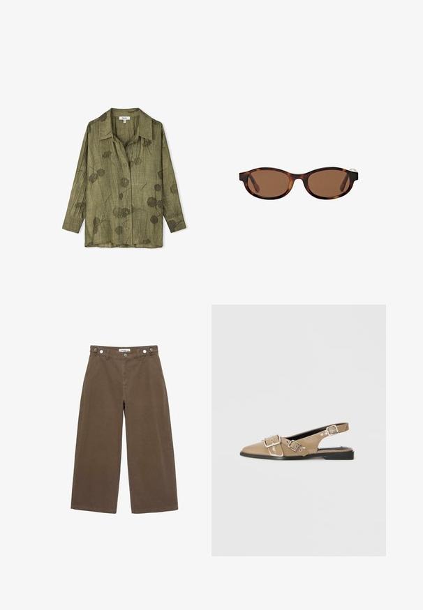Brauner ärmelloser Strickpullover mit rundem Halsausschnitt und gerippten Kanten, innen am Kragen mit "Saint Tropez" etikettiert.; Olivgrünes Hemd mit Knopfleiste, Kragen, langen Ärmeln und floralen Mustern. Hergestellt aus leichtem, strukturiertem Stoff mit lässiger Passform.; Braune weit geschnittene Hosen aus strapazierfähigem Stoff. Verfügt über zwei Fronttaschen, einen Knopfverschluss und eine lockere Passform mit glatter Textur.; Beige patentierte Slingback-Schuhe mit spitzem Zehenbereich, zwei verstellbaren Schnallen und einem niedrigen schwarzen Absatz. Glatte Textur mit glänzender Oberfläche.; Braun getönte Sonnenbrillen mit ovalen Rahmen, die ein Schildpattmuster aufweisen und breite Bügel haben. Glatte Textur und dezentes Branding-Detail an der Seite.; Dunkelgrüne Wildleder-Umhängetasche mit einem Reißverschluss oben, flacher Form, verstellbarem Tragegurt mit Perforationen und einer glatten, matten Textur.
