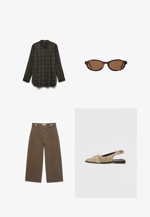 Brown sleeveless knitted sweater vest with round neckline and ribbed edges, labeled "Saint Tropez" inside the collar.; Long-sleeve shirt in dark brown fabric with a plaid pattern featuring green and yellow accents, button front, and pointed collar.; Brown wide-leg trousers made of durable fabric. Features two front pockets, button-fly closure, and a relaxed fit with a smooth texture.; Beige patent slingback shoes with a pointed toe, two adjustable buckles, and a low black heel. Smooth texture with a glossy finish.; Brown-tinted sunglasses with oval frames, featuring a tortoiseshell pattern and wide arms. Smooth texture and subtle branding detail on the side.; Dark green suede crossbody bag with a zippered top, flat shape, adjustable strap featuring perforations, and a smooth, matte texture.