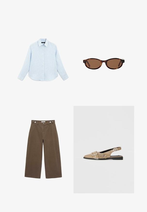 Brown sleeveless knitted sweater vest with round neckline and ribbed edges, labeled "Saint Tropez" inside the collar.; Light blue, long-sleeve button-up shirt made of textured fabric. Features a pointed collar, front buttons, and a curved hemline.; Brown wide-leg trousers made of durable fabric. Features two front pockets, button-fly closure, and a relaxed fit with a smooth texture.; Beige patent slingback shoes with a pointed toe, two adjustable buckles, and a low black heel. Smooth texture with a glossy finish.; Brown-tinted sunglasses with oval frames, featuring a tortoiseshell pattern and wide arms. Smooth texture and subtle branding detail on the side.; Dark green suede crossbody bag with a zippered top, flat shape, adjustable strap featuring perforations, and a smooth, matte texture.