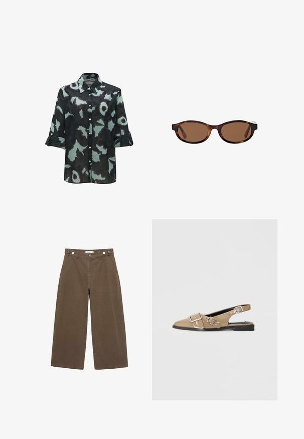 Brown sleeveless knitted sweater vest with round neckline and ribbed edges, labeled "Saint Tropez" inside the collar.; OPUS FUMINE - Button-down blouse - emerald; Brown wide-leg trousers made of durable fabric. Features two front pockets, button-fly closure, and a relaxed fit with a smooth texture.; Beige patent slingback shoes with a pointed toe, two adjustable buckles, and a low black heel. Smooth texture with a glossy finish.; Brown-tinted sunglasses with oval frames, featuring a tortoiseshell pattern and wide arms. Smooth texture and subtle branding detail on the side.; Dark green suede crossbody bag with a zippered top, flat shape, adjustable strap featuring perforations, and a smooth, matte texture.