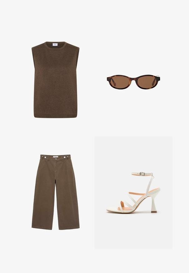 Hnědá bezrukávová pletená svetr vesta s kulatým výstřihem a žebrovanými okraji, označená "Saint Tropez" uvnitř límce.; Hnědé kalhoty s širokými nohavicemi vyrobené z odolného materiálu. Mají dvě přední kapsy, zapínání na knoflíky a uvolněný střih s hladkým povrchem.; Bílé střevíce na vysokém podpatku s popruhem kolem kotníku, hladký povrch, čtveratý špička a sochovaný podpatek. Světle béžová stélka.; Hnědé sluneční brýle s oválnými obroučkami, zdobené želvovinovým vzorem a širokými stranami. Hladký povrch a jemný branding na boku.; Tmavě zelená semišová taška přes rameno se zipem na vrchu, plochý tvar, nastavitelný popruh se perforacemi a hladký matný povrch.