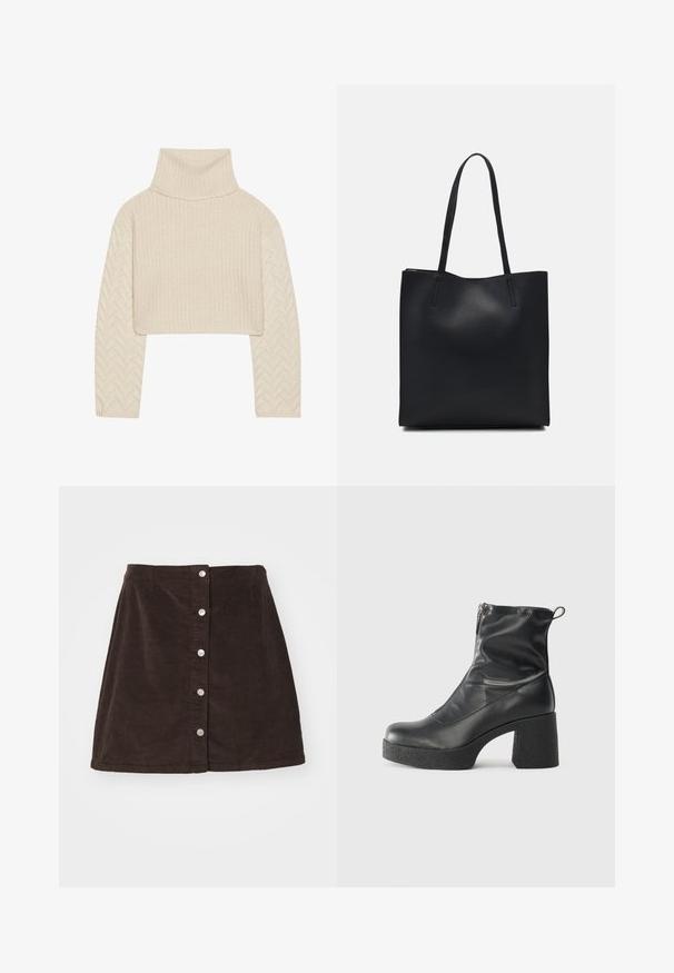 Kremfarget cropped genser med høy hals, teksturert strikket kropp og fiskebensmønstrede ermer. Laget av mykt garnmateriale.; Vero Moda Curve VMCETTA SKATER - A-line skjørt - chocolate torte; Svarte ankelstøvler laget av glatt lær, med glidelås på siden, chunky strukturert hæl, og rund tå-design.; Svart lær tote bag med glatt tekstur, rektangulær form og to lange håndtak. Ingen synlige deler eller dekorasjoner.
