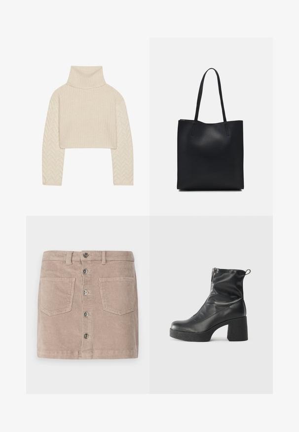 Cream-colored cropped sweater with a high neckline, textured knit body, and herringbone-patterned sleeves. Made of soft yarn material.; ONLY ONLAMAZING HW LIFE PNT N - Mini skirt - goat; Black ankle boots made of smooth leather, featuring a side zipper, chunky textured heel, and rounded toe design.; Black leather tote bag with smooth texture, rectangular shape, and two long handles. No visible hardware or embellishments.