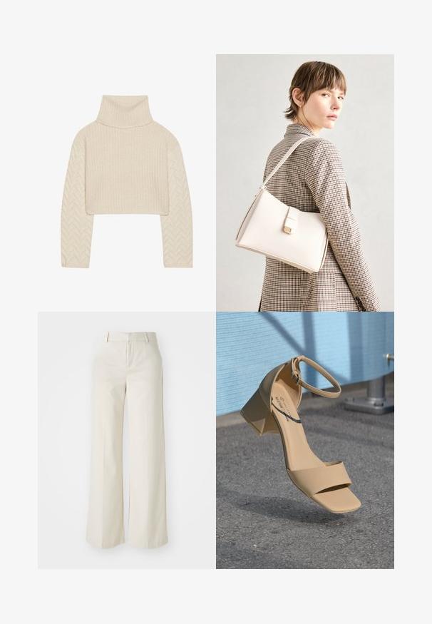 Kremo spalvos trumpas megztinis su aukštu kaklu, tekstūruoto mezgimo kūnu ir žuvies kaulų rašto rankovėmis. Pagamintas iš švelnios siūlų medžiagos.; Pločios kojos kelnės šviesiai bežinės spalvos, pagamintos iš lygaus audinio. Yra klasikinis juosmens dizainas ir lygūs priekiniai įsiuvai su švariomis linijomis.; Kreminio atspalvio blokinio kulno šlepetės su kvadratiniu pirštu, minimaliais dirželiais ir kulkšnies sagtimi. Lysva, matinė medžiaga prieš pilką paviršių.; Balto odos rankinė su struktūrizuotu dizainu, turinti magnetinį užsegimą ir petnešą, demonstruojama prieš neutralią foną.; Kremo spalvos paminkštinta galvos juosta su suktiniu dizainu, derinama su smėlio ir baltos spalvos juostelėmis marškiniais, turinčiais apvalų iškirpimą. Subtilūs papuošalų akcentai.