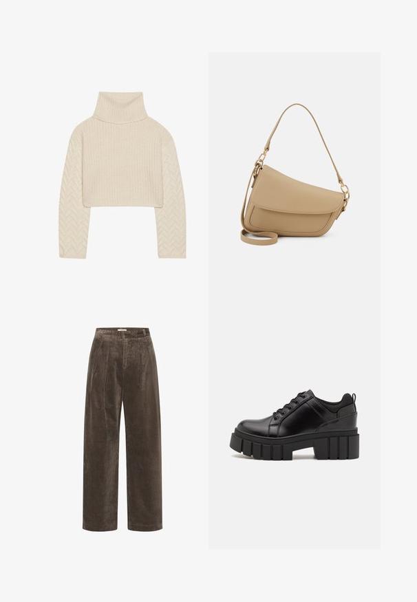 Cream-colored cropped sweater with a high neckline, textured knit body, and herringbone-patterned sleeves. Made of soft yarn material.; Brown corduroy wide-leg trousers with pleats, featuring a soft texture and mid-rise waist. Hem finishes are clean and straight.; Black leather platform shoes with a chunky block heel, round toe, and traditional lace-up design. Features smooth texture and minimal detailing.; Even&Odd Handbag - beige