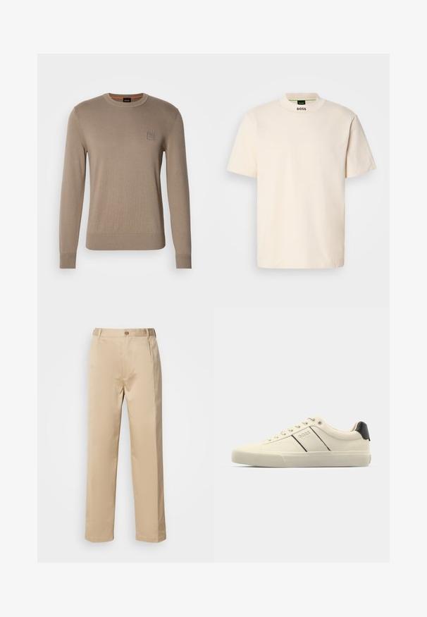 Maglione da uomo beige a girocollo con maniche lunghe, polsini e orlo a coste, caratterizzato da un piccolo patch quadrato con logo sul petto.; Maglietta a maniche corte color crema con colletto alto, con la scritta "BOSS" stampata in nero sulla parte anteriore del collo e sull'etichetta interna.; Pantaloni beige realizzati in tessuto leggero, con un design a gamba dritta, vita con passanti per cintura e chiusura con un singolo bottone frontale.; Sneaker color crema con una texture liscia, caratterizzate da accenti e marchi neri. Design classico con lacci, punta rotonda e suola in gomma.