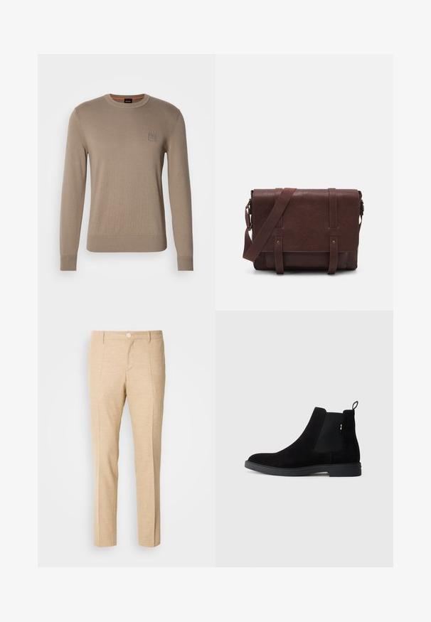 Muška bež džemper s okruglim izrezom i dugim rukavima, rebrastim manžetama i porubom, sa malim kvadratnim logom na grudima.; Bežani krojeni hlače s teksturiranim materijalom, ravnog kroja, prednjim nabiranim detaljima i jednim dugmetom za zatvaranje u struku.; Crne ante Chelsea čizme s elastičnim bočnim panelima, zaobljenim prstom i niskim gumene potplati. Sadrži petnu traku za jednostavno oblačenje.; Smeđa kožna torba za messenger s ravnim prednjim poklopcem, dva remena, zlatnim hardverskim detaljima i podesivim remenom za rame.