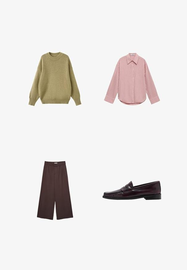 Pull en maille de couleur olive atténuée, avec un col rond, des épaules tombantes et des poignets et un ourlet côtelés pour une texture ajoutée.; Chemise à manches longues de couleur rose clair avec des rayures blanches verticales. Elle présente un col pointu, des boutons sur le devant et un ourlet arrondi. Texture du tissu douce.; Pantalons larges marron en tissu doux, dotés de plis à la taille et de poches latérales. Silhouette ajustée avec un ajustement confortable.; Mocassins penny en cuir marron foncé pour homme avec semelle noire et détails de couture le long des orteils, présentés en profil latéral.
