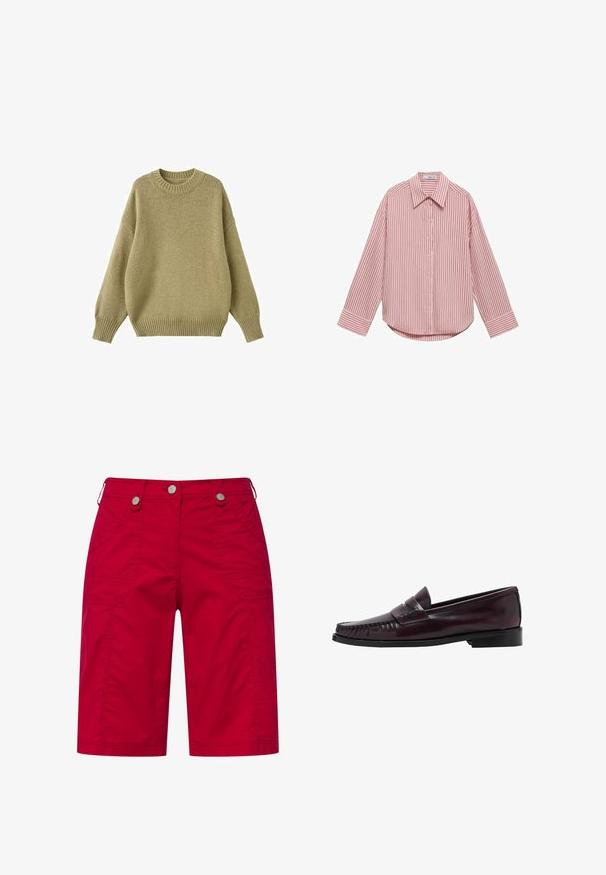 Striktrøje i en afdæmpet olivengrøn farve, med en rund halsudskæring, dropped shoulders og ribbede manchetter og kant for ekstra tekstur.; Langærmet skjorte i lys pink med lodrette hvide striber. Har en spids krave, frontknapper og en rund kant. Blødt stof med en behagelig tekstur.; Røde cargo shorts lavet af bomuld med to sidelommer, dekorativ syning og sølvfarvede knaplukninger ved taljen.; Mænds mørkebrune læder penny loafers med sort sål og syning langs tåen, vist i sideprofil.