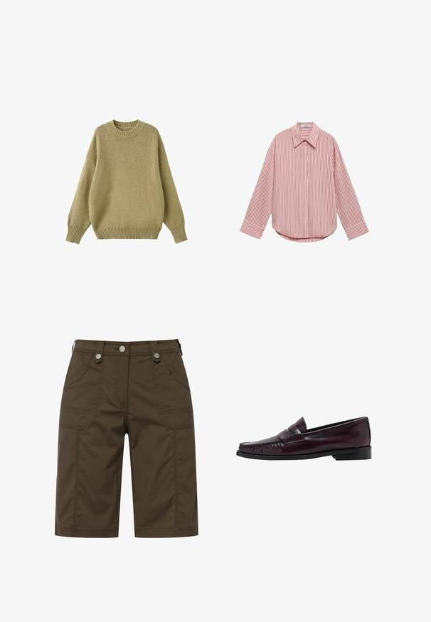 Maglione lavorato a maglia in un colore oliva tenue, con scollatura arrotondata, spalle abbassate e polsini e orlo a costine per una maggiore texture.; Camicia a maniche lunghe di colore rosa chiaro con righe bianche verticali. Presenta un colletto a punta, bottoni frontali e un orlo arrotondato. Tessuto morbido.; Pantaloni corte di tessuto marrone con due tasche frontali e due tasche posteriori, arricchiti da accessori in metallo argentato in vita. Design a taglio dritto.; Mocassino da uomo in pelle marrone scuro con suola nera e dettaglio di cucitura lungo la punta, mostrato in profilo laterale.
