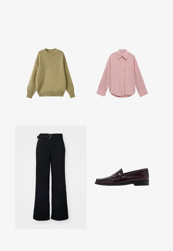 Pleteni pulover v umirjeni olivni barvi, s krožno izrezom, spuščenimi rameni ter rebrastimi manšetami in robom za dodano teksturo.; Rojena majica z dolgimi rokavi v svetlo roza barvi z navpičnimi belimi črtami. Ima koničast ovratnik, sprednje gumbe ter zaobljen rob. Mehka tekstura blaga.; Črne hlače širokega kroja z pasom na zaponko, ki ima srebrno zaponko in več luknjic za pas. Gladka tekstura, brez vidnih vzorcev.; Moški temno rjavi usnjeni penny loafer s črnim podplatom in detajli šivanja ob prstih, prikazan v stranski profilu.