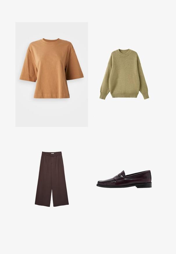 Strickpullover in einem gedämpften Olivton, mit einem runden Ausschnitt, überschnittenen Schultern und gerippten Bündchen sowie Saum für zusätzliche Textur.; Kurzärmliges, Rundhals-T-Shirt aus hellbrauner Baumwolle. Lockerer Schnitt mit glatter Textur und Nahtdetails entlang der Ärmel und des Saums.; Langärmliges Hemd in zartem Rosa mit vertikalen weißen Streifen. Mit spitzem Kragen, Frontknöpfen und abgerundetem Saum. Weicher Stoff.; Braune, weite Hosen aus weichem Material, mit Falten an der Taille und seitlichen Taschen. Maßgeschneiderte Silhouette mit bequemem Sitz.; Dunkelbraune Herrenleder-Pennyloafers mit schwarzer Sohle und Steppdetails entlang der Spitze, im Seitenprofil gezeigt.