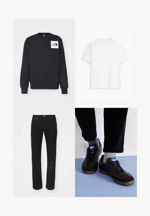 Svart sweatshirt med rund hals, ribbede mansjetter og kant. Har et hvitt kvadratisk merke med "THE NORTH FACE"-logoen på brystet.; Hvit bomull t-skjorte med korte ermer, rund hals og subtilt Levi's-logo trykt i midten. Myk tekstur og standard passform.; Sorte denim jeans med rett benkutt, fem-lomme-design og metallknapp-lukking i livet. Glatt tekstur, ingen synlige mønstre.; Sorte joggesko laget av semsket skinn og lær, med en blå logo og brun gummisåle. Paret med grå sokker og kordfløylebukser.