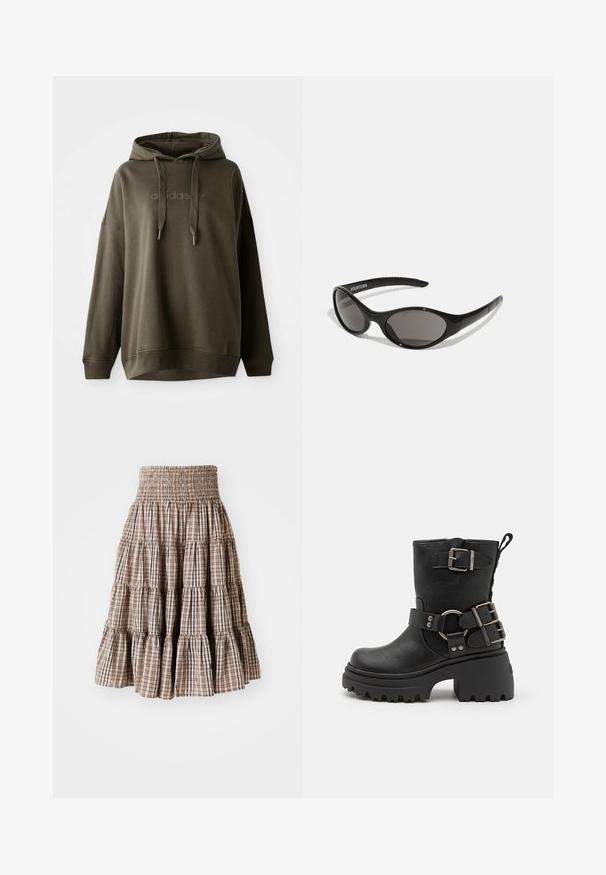 Felpa color verde oliva scuro realizzata in morbido cotone misto, dotata di tasca a marsupio frontale, cappuccio con cordino e logo impresso sul petto.; Gonna a balze in tessuto arricciato con motivo a quadri beige e marrone. Presenta una silhouette svasata e un tessuto testurizzato.; Stivale alla caviglia in pelle nera con suola spessa, con dettagli in fibbia e cinturini, e una finitura testurizzata. Dotato di una linguetta per un facile indossamento.; Occhiali da sole neri con forma ovale e lenti scure. Montatura in plastica elegante con dettagli testurizzati sulle aste. Marchio sul lato.