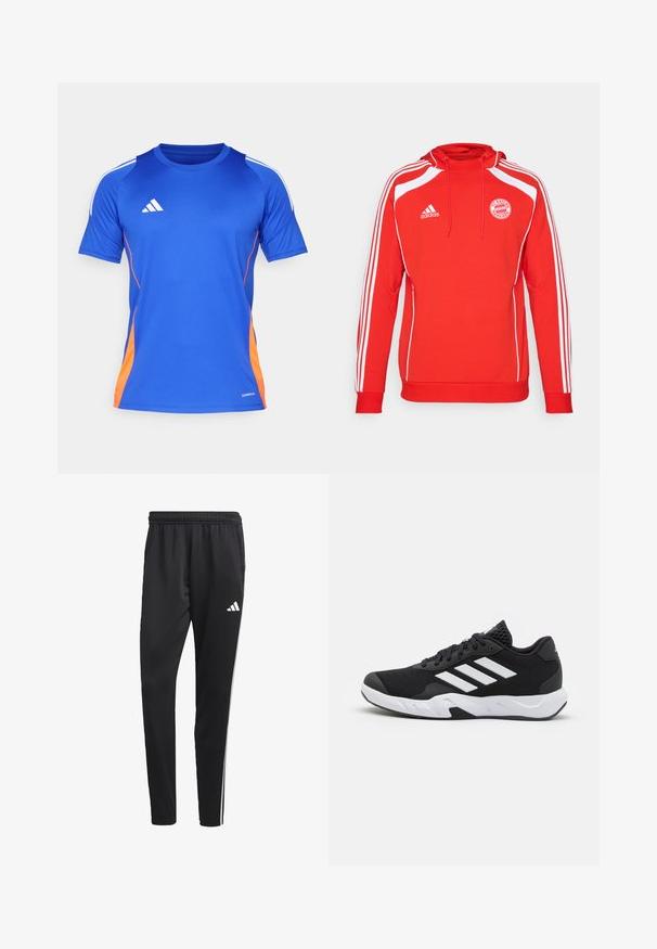 Sudadera con capucha roja y acentos blancos, con tres franjas blancas a lo largo de las mangas. Presenta el logo del FC Bayern München y capucha con cordón.; adidas Performance TIRO24 JERSEY - Camiseta deportiva - lucid blue/white/app solar red; Pantalones deportivos negros con una cinturilla elástica, rayas laterales blancas y un pequeño logo blanco en el muslo. Fabricados con un material suave y ligero.; Zapatillas deportivas negras con una parte superior de malla texturizada, rayas de acento blancas, suela acolchada y talón reforzado para mayor soporte.