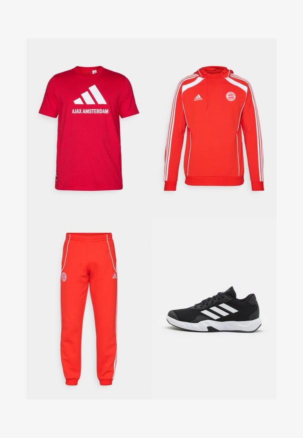 Rød hettegenser med hvite aksenter og tre hvite striper langs ermene. Har FC Bayern München-logo og snøring i hetten.; Rød bomull T-skjorte med hvit Adidas-logo og "AJAX AMSTERDAM"-tekst. Korte ermer, rund hals, standard passform.; Røde joggebukser med elastisk midjebånd, hvite sidebånd og logo detaljert på hoften og nedre ben. Laget av myk stoff med ribbede mansjetter.; Sorte joggesko med teksturert mesh-overdel, hvite aksentstriper, en polstret såle og en forsterket hæl for støtte.