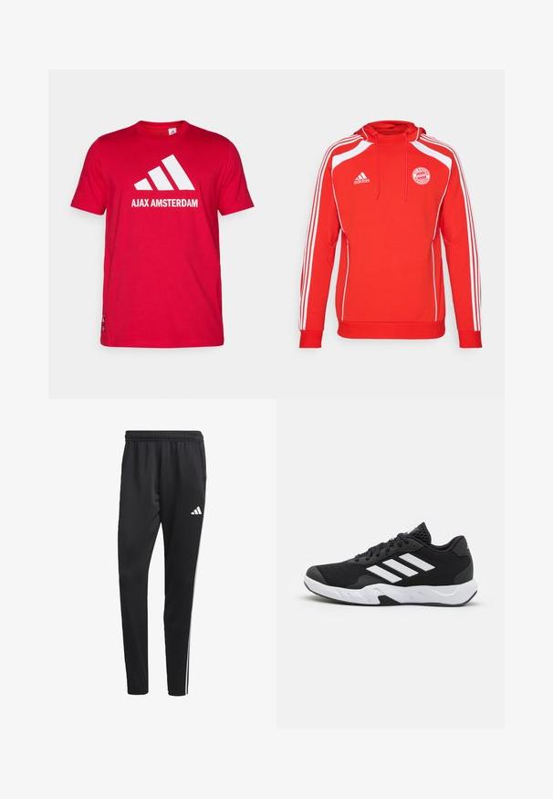 Sudadera con capucha roja y acentos blancos, con tres franjas blancas a lo largo de las mangas. Presenta el logo del FC Bayern München y capucha con cordón.; Camiseta de algodón roja con un logo blanco de Adidas y el texto "AJAX AMSTERDAM". Mangas cortas, cuello redondo, ajuste estándar.; Pantalones deportivos negros con una cinturilla elástica, rayas laterales blancas y un pequeño logo blanco en el muslo. Fabricados con un material suave y ligero.; Zapatillas deportivas negras con una parte superior de malla texturizada, rayas de acento blancas, suela acolchada y talón reforzado para mayor soporte.