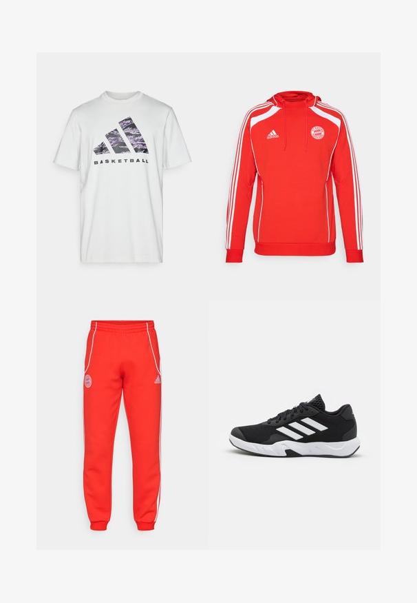 Rote Kapuzenjacke mit weißen Akzenten und drei weißen Streifen an den Ärmeln. Verfügt über das FC Bayern München-Logo und eine Kordelzugkapuze.; Weißes Baumwoll-T-Shirt mit kurzen Ärmeln, das einen lila und schwarzen Grafikdruck mit drei Streifen und dem Wort "BASKETBALL" zeigt.; Rote Jogginghose mit elastischem Bund, weißen Seitenstreifen und Logodetails an der Hüfte und am Unterschenkel. Hergestellt aus weichem Stoff mit gerippten Bündchen.; Schwarze Sportschuhe mit einem strukturierten Mesh-Obermaterial, weißen Akzentstreifen, einer gepolsterten Sohle und einer verstärkten Ferse für Unterstützung.