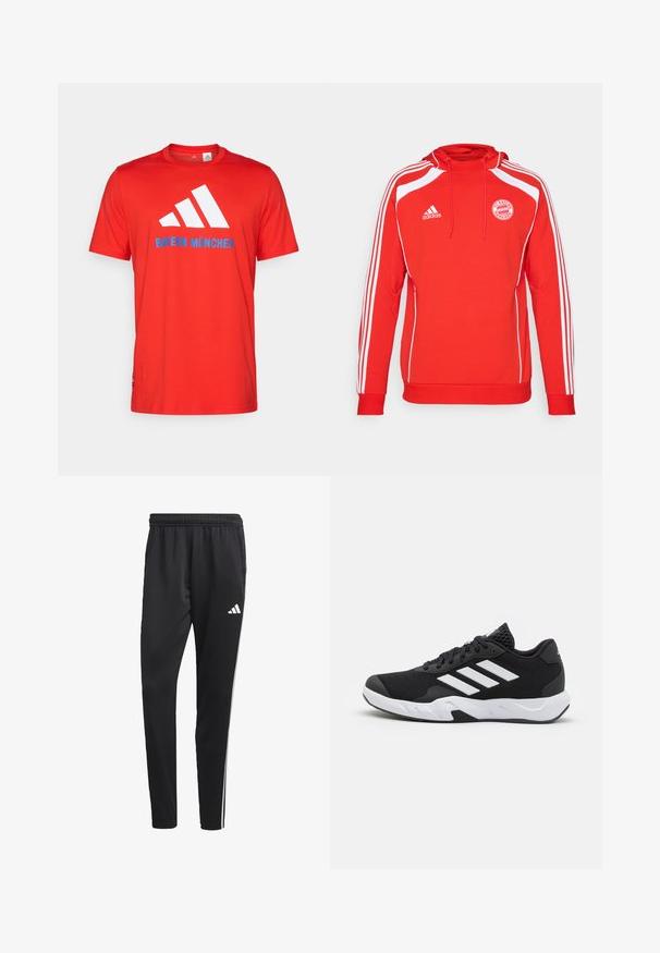 Piros kapucnis pulóver fehér részletekkel és három fehér csíkkal az ujjak mentén. Az FC Bayern München logójával és állítható kapucnival rendelkezik.; Piros pamut póló, fehér háromsávos logóval és "BAYERN MÜNCHEN" felirattal kék színben. Kerek nyakkivágású és rövid ujjú, egyszerű dizájn.; Fekete sportnadrág rugalmas derékkal, fehér oldalsávokkal és egy kis fehér logóval a combon. Simaságáért és könnyű anyagáért kedvelt.; Fekete sportcipők, textúrált hálós felsőrésszel, fehér díszcsíkokkal, párnázott talppal és megerősített sarokkal a stabilitás érdekében.