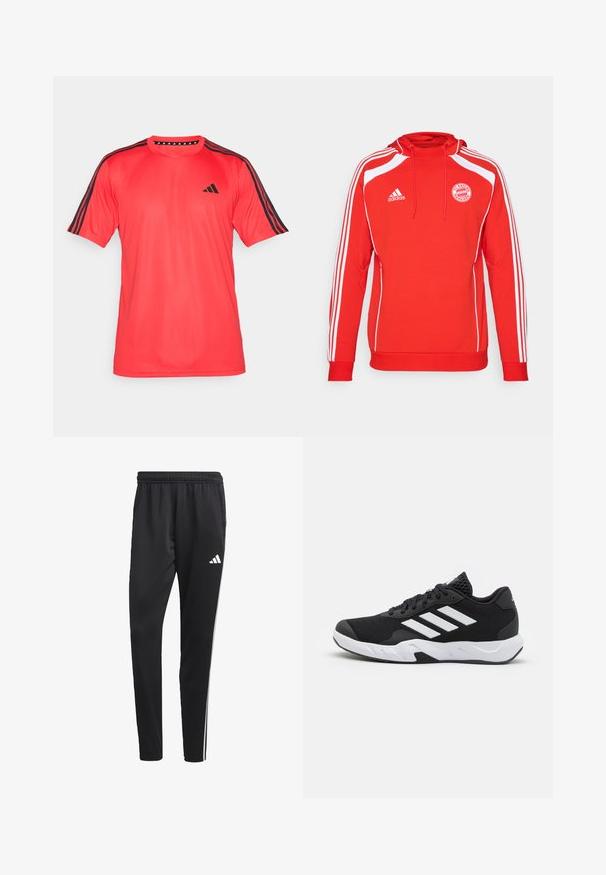 Červená mikina s kapucňou a bielymi akcentmi, troch bielych pruhov pozdĺž rukávov. Obsahuje logo FC Bayern München a šnúrku na kapucni.; adidas Performance TRAIN ESSENTIALS BASE 3-STRIPES - Športové tričko - pure ruby/black; Čierne športové nohavice s elastickým pásom, bielymi bočnými pruhmi a malým bielym logom na stehne. Vyrobené z hladkého, ľahkého materiálu.; Čierne športové topánky s textúrovaným sieťovinovým zvrškom, bielymi akcentovými pruhmi, polstrovanou podrážkou a spevneným pätou pre podporu.