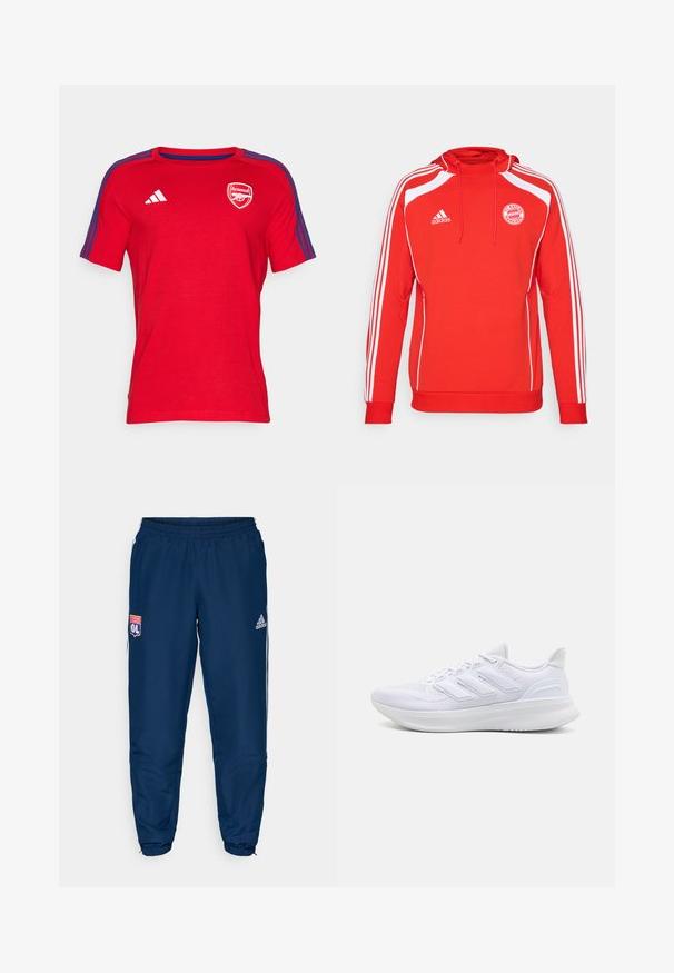 Rote Kapuzenjacke mit weißen Akzenten und drei weißen Streifen an den Ärmeln. Verfügt über das FC Bayern München-Logo und eine Kordelzugkapuze.; Rotes T-Shirt mit kurzen Ärmeln aus Baumwollstoff, mit Rundhalsausschnitt, blauen Schulterstreifen und einem Arsenal-Logo auf der Brust.; Blaue Sporthosen mit einem elastischen Bund, mit weißen Seitenstreifen und dem Logo von Olympique Lyonnais auf dem linken Oberschenkel.; Weiße Sportschuhe mit einem strukturierten Mesh-Obermaterial, einer stützenden gepolsterten Sohle und einem drei Streifen-Design an der Seite.