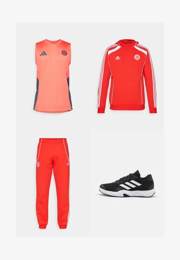 Hanorac roșu cu glugă, cu accente albe și trei dungi albe pe mâneci. Prezintă logo-ul FC Bayern München și glugă cu șnur.; Tricou sportiv fără mâneci, de culoare corai, cu panouri laterale de culoare gri închis. Prezintă logo-ul Adidas și emblema FC Bayern Munich. Fabricat din material ușor.; Pantaloni de trening roșii cu talie elastică, dungi albe pe laterale și detalii cu logo pe șold și pe partea inferioară a piciorului. Fabricat dintr-un material moale, cu manșete ribbate.; Pantofi sport negri cu un material din plasă texturată, benzi albe de accent, o talpă cushioned și un călcâi întărit pentru suport.