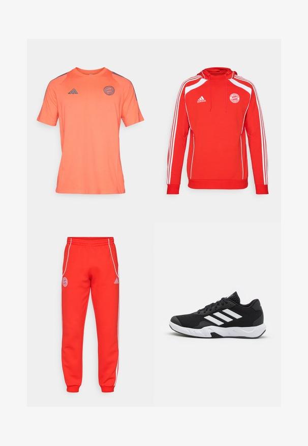 Red hooded sweatshirt with white accents and three white stripes along the sleeves. Features FC Bayern München logo and drawstring hood.; Short-sleeve pink-orange athletic shirt made of soft fabric, featuring a crew neck and dark gray accents on shoulders and logo.; Red sweatpants with elastic waistband, white side stripes, and logo details on hip and lower leg. Made of soft fabric with ribbed cuffs.; Black athletic shoes with a textured mesh upper, white accent stripes, a cushioned sole, and a reinforced heel for support.